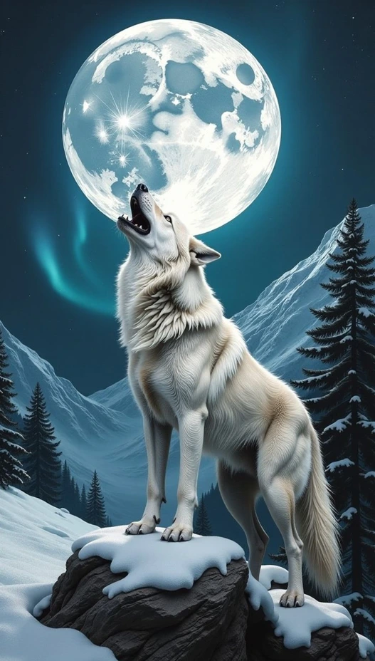 Borduurpakket Huilende Wolf bij Maanlicht