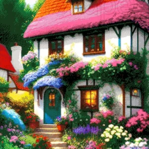 Kralen borduurpakket "Bloemen huis”