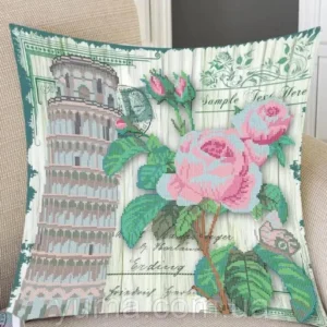 Borduurkussen "Toren van Pisa met Rozen"
