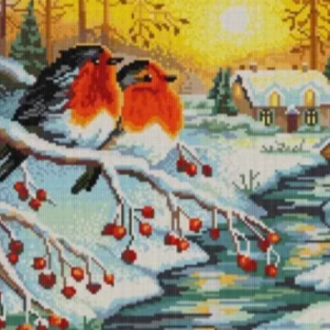 Borduurpakket Roodborstjes in de winter